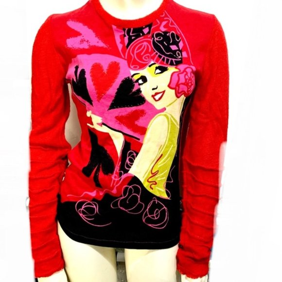 PARAMITA Hearts Spades Casino Poker Wonderland Red Designer Sweater Y2K - Picture 1 of 16